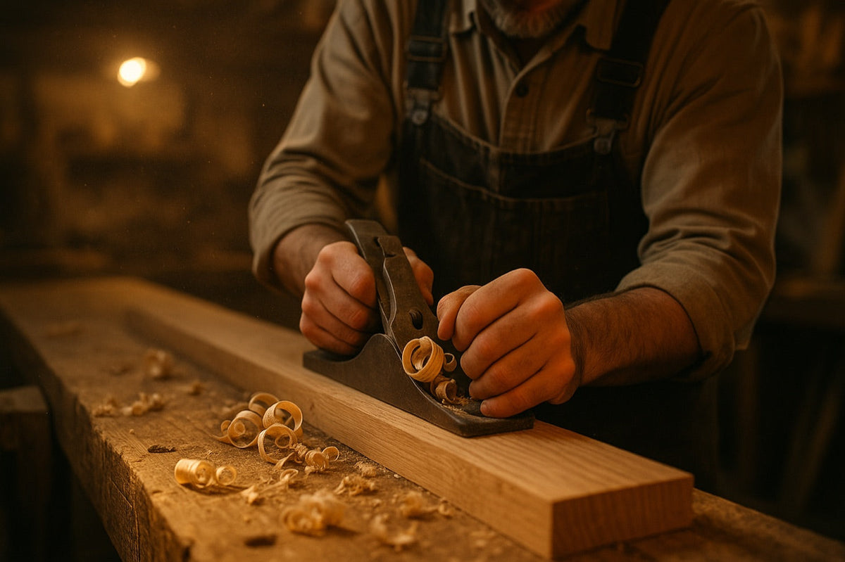 Menuisier dans son atelier travaillant une pièce de bois sur mesure